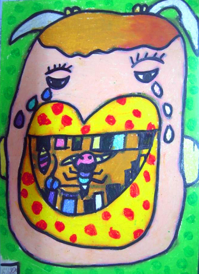 创作过程 绘画步骤: 创作提示: 1,用夸张的五官画出牙疼的表情 2,大胆